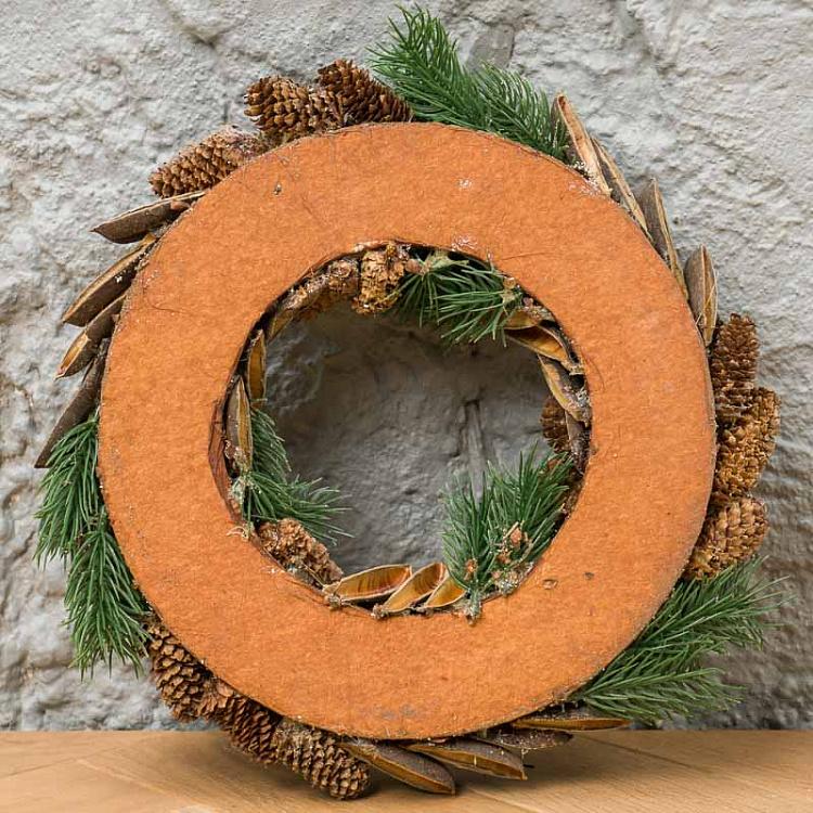 Новогодний заснеженный венок с шишками и ракушками Frost Pinecone Wreath Brown Green 34 cm