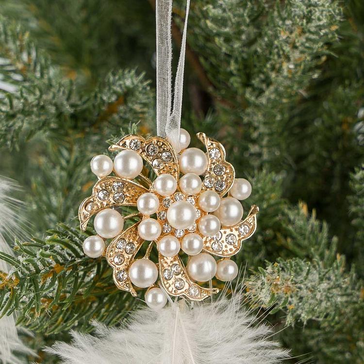 Набор из двух ёлочных игрушек из перьев Set Of 2 Plume Jewels Cream Gold 22 cm