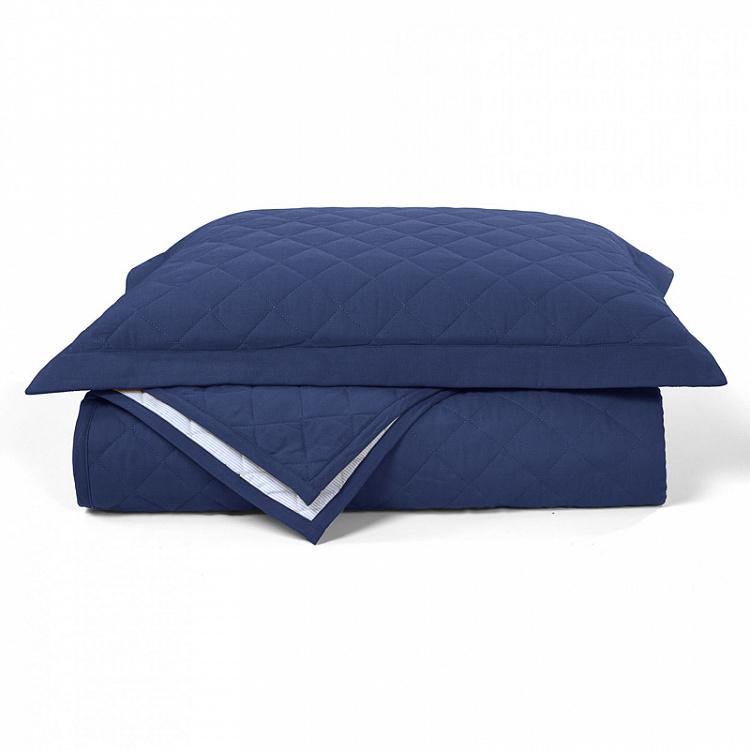 Комплект стеганых наволочек и покрывала синего цвета Хэмптон  Hampton Linen Quilted Bed Cover Set Deep Blue 240x260 cm