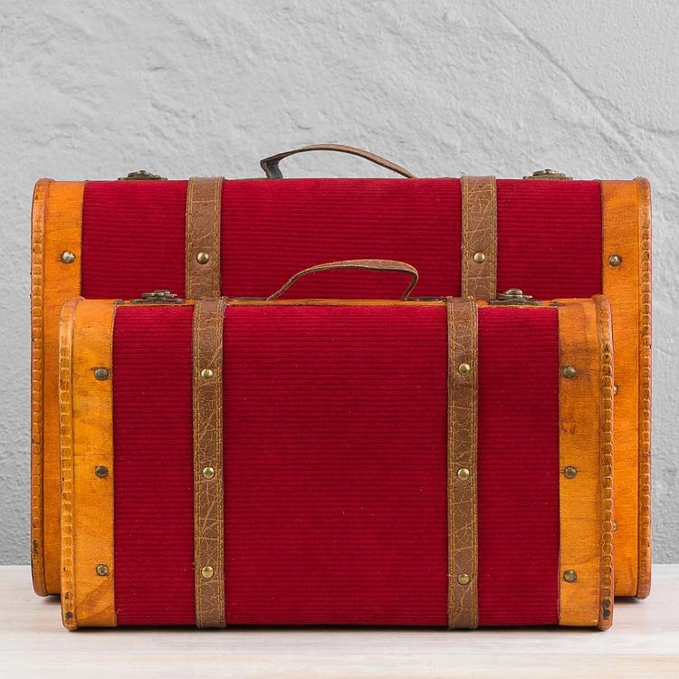Набор из двух декоративных чемоданов с красным вельветом Set Of 2 Wood Velvet Suitcase Boxes Red