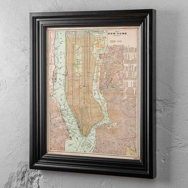 Картина-принт Карта Нью-Йорка, чёрная рама Classic Map New York, Black Wood
