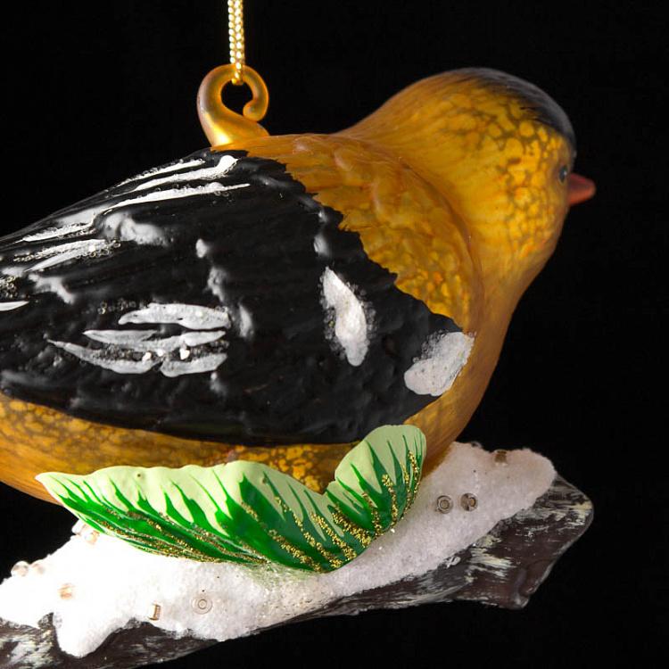 Ёлочная игрушка Птичка на ветке Glass Bird On Twig Yellow Black 12,5 cm