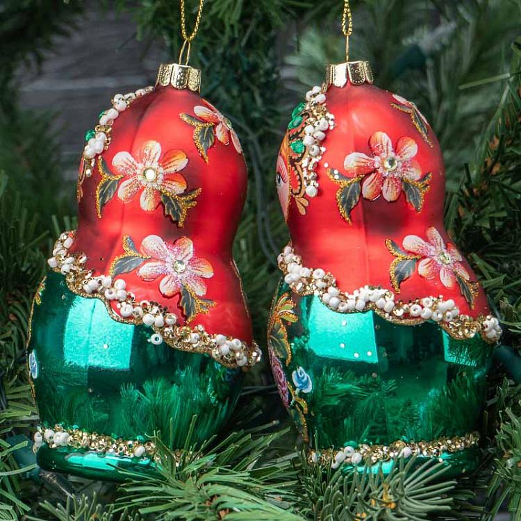 Набор из двух ёлочных игрушек Матрёшки Set Of 2 Glass Matryoshka Dolls Red/Green 10,5 cm