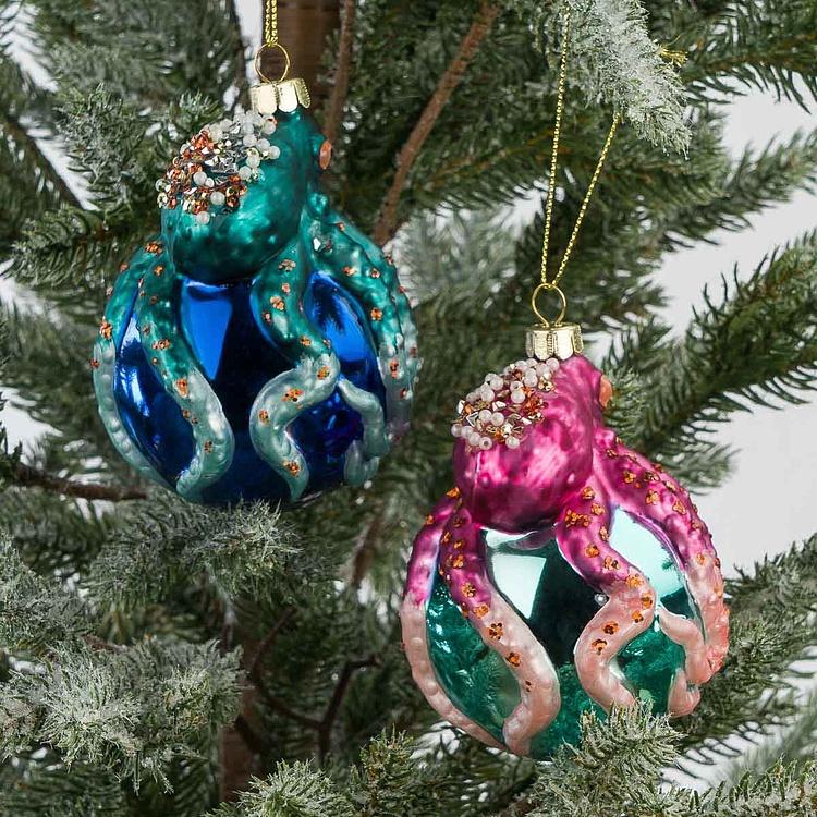 Набор из двух ёлочных игрушек Осьминоги на шарах Set Of 2 Glass Octopus On Ball Blue Pink 10,5 cm