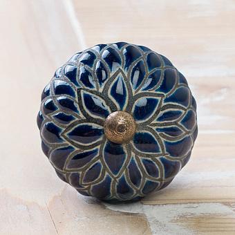 Мебельная ручка Etched Dark Blue Dahlia Ceramic Knob