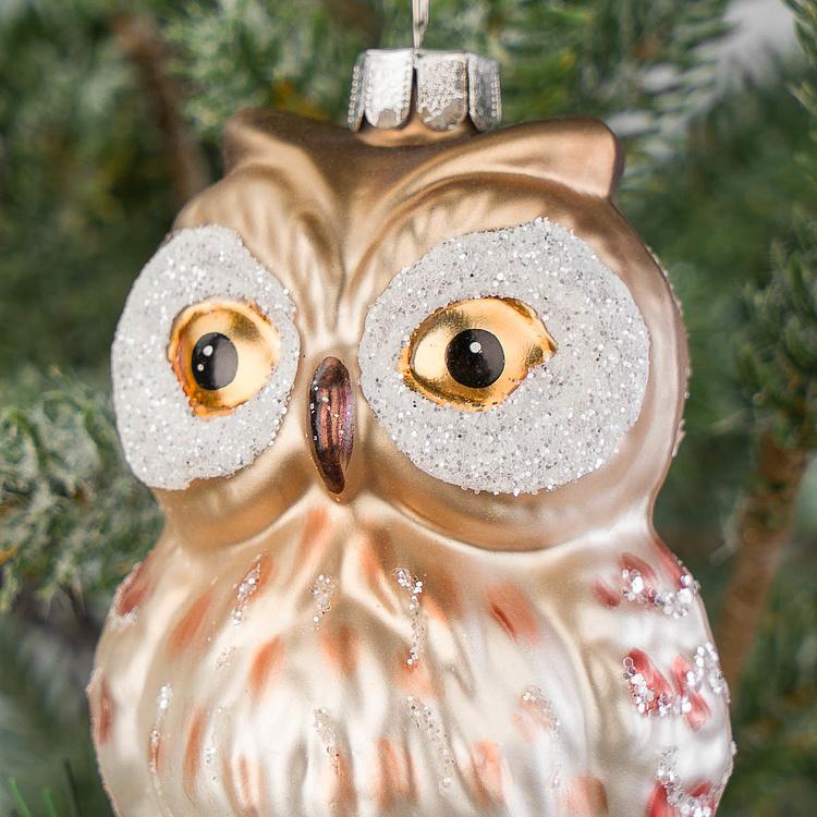 Стеклянная ёлочная игрушка Сова на ветке Glass Owl On Pine Brown Cream Green 12 cm