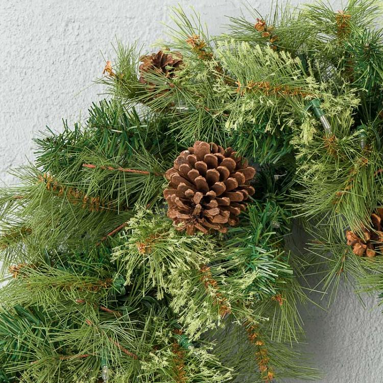 Новогодний венок с шишками и гирляндой 100 Led Pinecone Wreath Green 76 cm