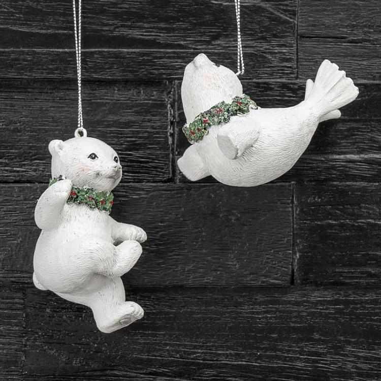 Набор из двух ёлочных игрушек Полярный медведь и тюлень Set Of 2 Xmas Polar Bear And Seal White 10 cm