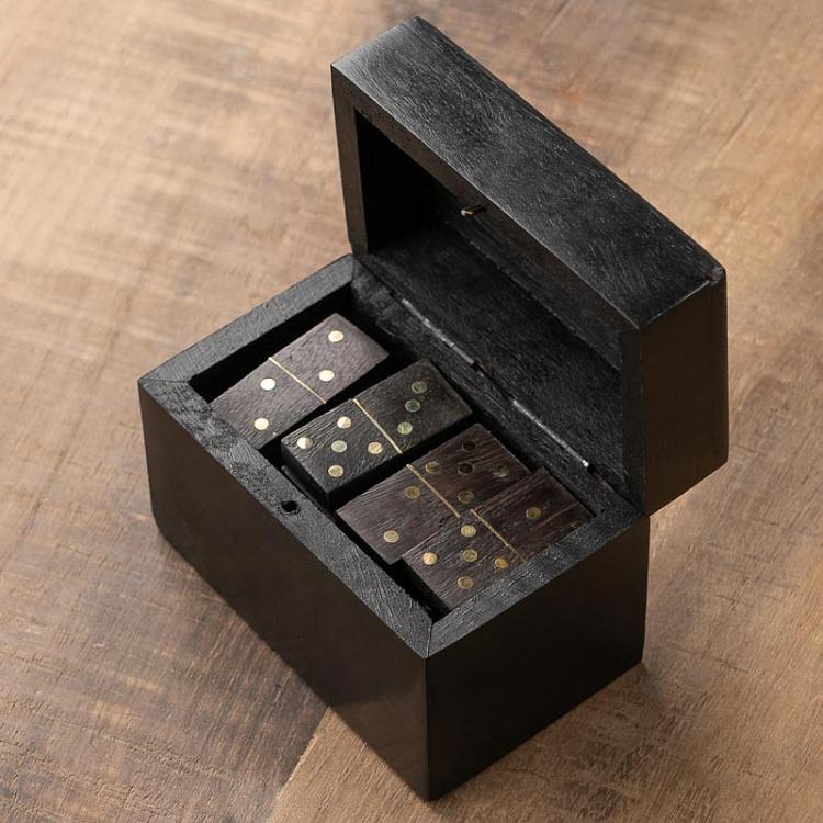 Шкатулка с набором домино, латунные вставки Black Wooden Domino Box Brass Details