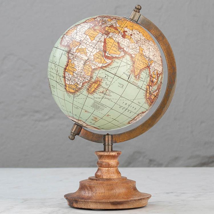 Винтажный зелёный глобус на деревянном основании Vintage Globe Green Gold On Natural Base