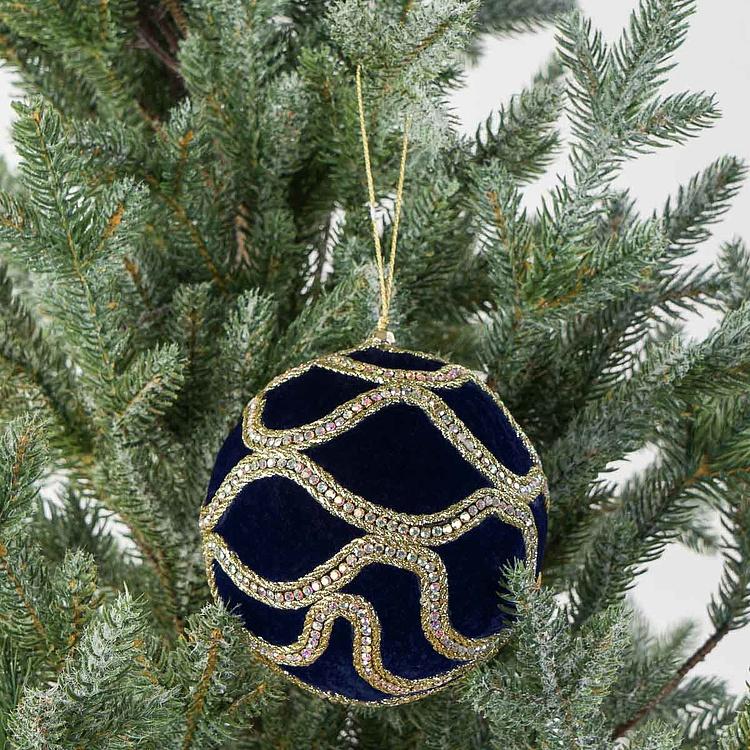 Ёлочная игрушка Тёмно-синий бархатный шар с золотистым орнаментом Gold Ornament Velvet Ball Dark Blue 12 cm
