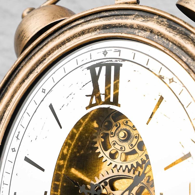 Настольные золотистые часы с шестерёнками и зеркальным циферблатом Честер 1 Chester Antique Gold Table Clock With Gears 1