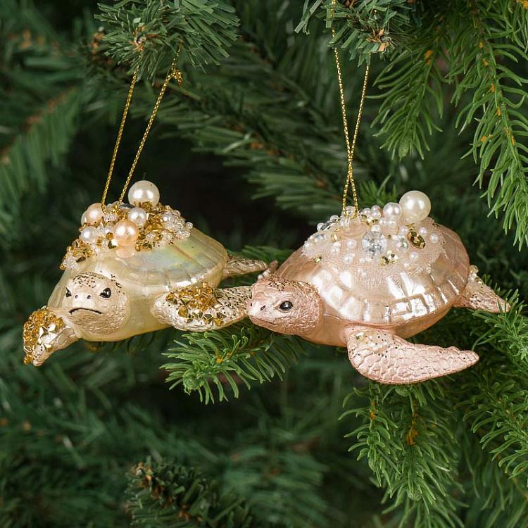 Набор из двух ёлочных игрушек Кремовая и розовая черепахи Set Of 2 Glass Turtles Cream Pink 9,5 cm