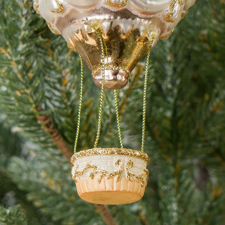 Набор из двух стеклянных ёлочных игрушек Воздушные шары Set Of 2 Glass Hot Air Balloons Gold Cream 16 cm