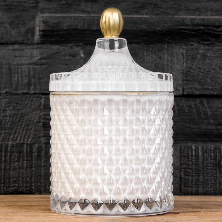 Аромасвеча в белом фасетном стакане Шёлковый цветок, S Aroma Candle In White Faceted Glass Silk Flower Small