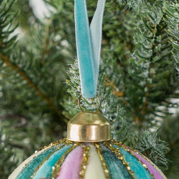 Ёлочная игрушка Розово-бирюзовый бархатный шар в полоску Velvet Striped Ball Pink Turquoise 8 cm