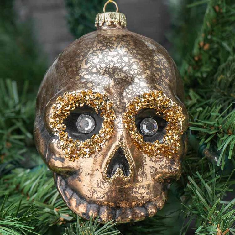Ёлочная игрушка Золотой череп Glass Antique Jewel Skull Gold/Black 11 cm