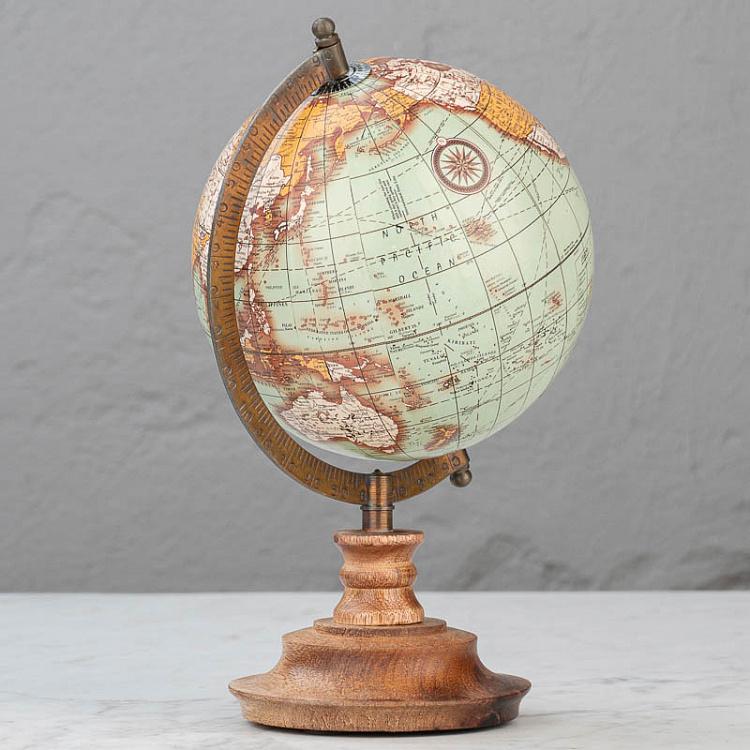 Винтажный зелёный глобус на деревянном основании Vintage Globe Green Gold On Natural Base