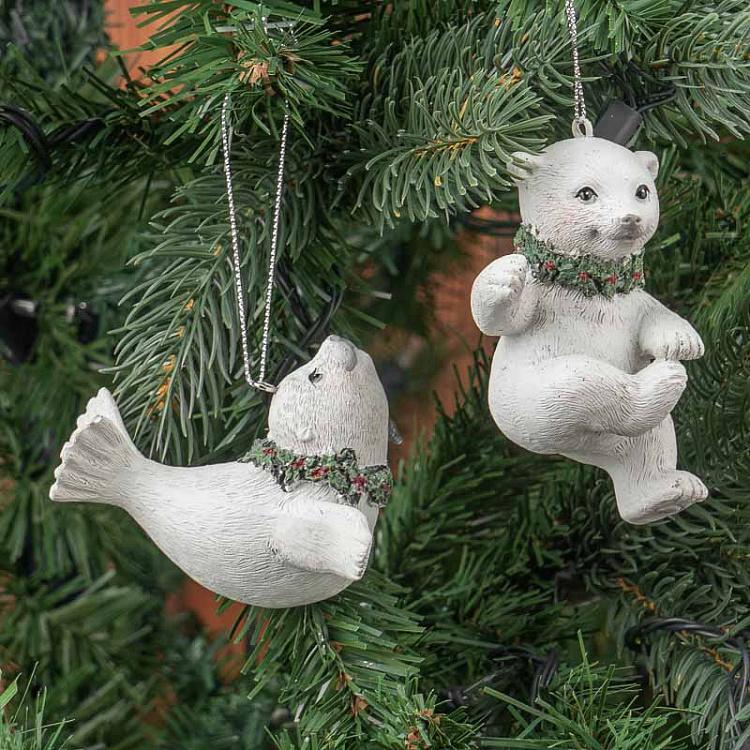 Набор из двух ёлочных игрушек Полярный медведь и тюлень Set Of 2 Xmas Polar Bear And Seal White 10 cm