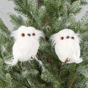 Set Of 2 Furry Owls White 11 cm
