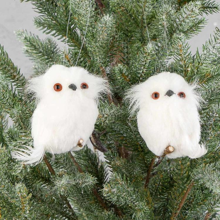 Набор из двух ёлочных игрушек Белые пушистые совы Set Of 2 Furry Owls White 11 cm