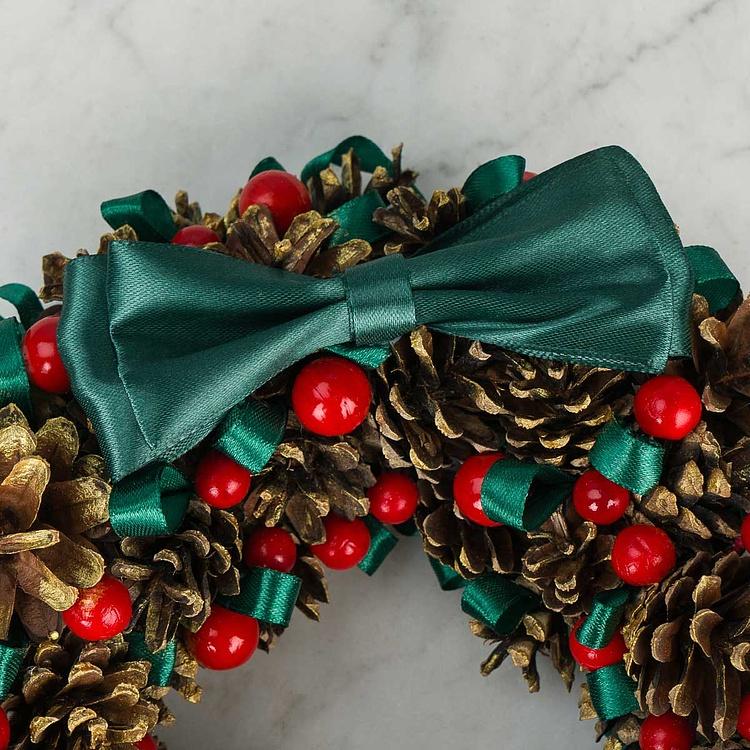 Новогодний венок с ягодами и зелёными лентами Wreath With Berries And Ribbons 25 cm