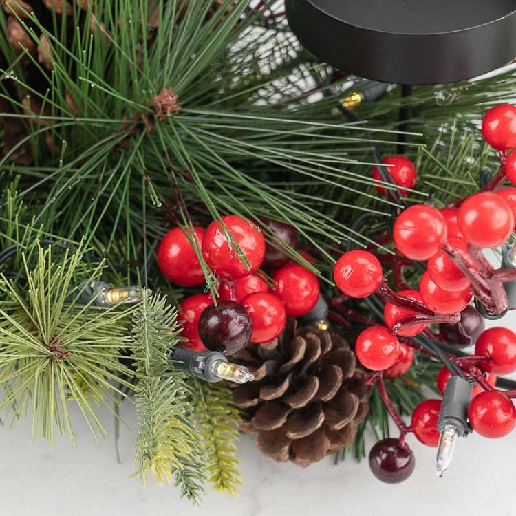 Светодиодный подсвечник-венок на батарейках с шишками и ягодами Led Lantern Metal Pine/Berry On 3 Batteries