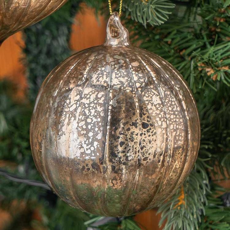 Набор из трёх ёлочных шаров цвета винтажный шампань с вертикальными полосками Set Of 3 Glass Antique Vertical Striped Balls Champagne 10 cm