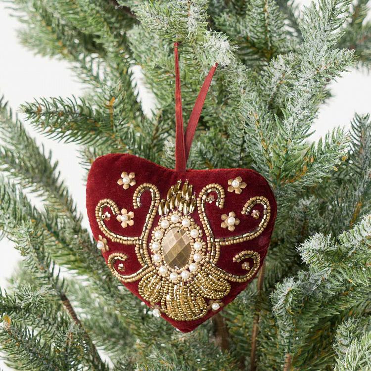Ёлочная игрушка Красное бархатное сердце с золотистым орнаментом из бисера Bead Ornament Velvet Heart Red 10 cm