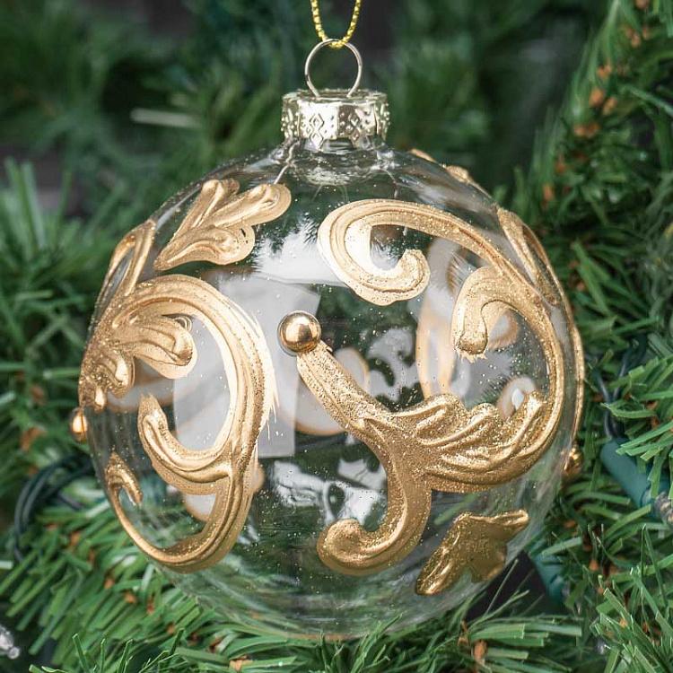 Прозрачный ёлочный шар с золотым акантом Glass Acanthus Swirl Leaf Ball Clear/Gold 10 cm