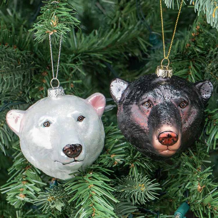 Набор из двух ёлочных игрушек Бурый и полярный медведи Set Of 2 Glass Bear Heads Black/White 10 cm
