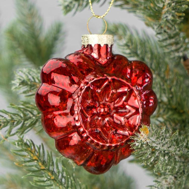Набор из 16 красных стеклянных ёлочных игрушек Set Of 16 Glass Antique Ball Pinecones Red 5 cm