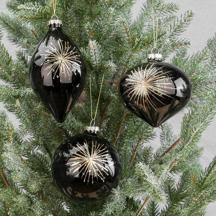 Набор из трёх ёлочных игрушек чёрного цвета Звездопад Set Of 3 Glass Starburst Ball Black 10 cm