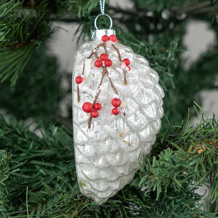 Ёлочная игрушка Белая шишка с птичкой Glass Bird Scene Pinecone White 12 cm