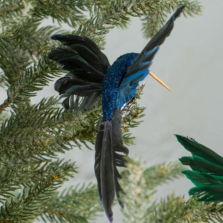 Набор из двух ёлочных игрушек на клипсе Колибри зелёная и синяя Set Of 2 Plume Fly Hummingbirds On Clip Green Blue 13 cm