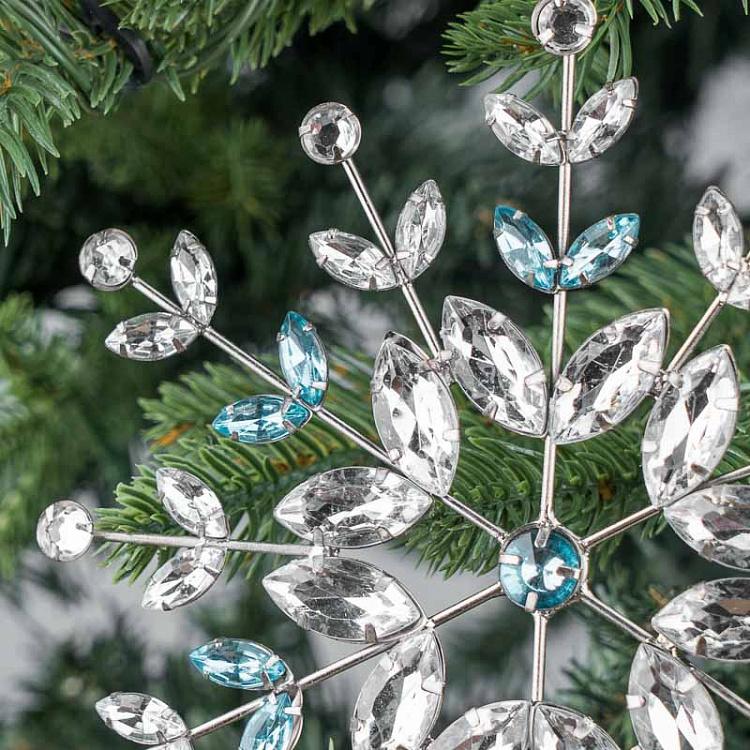 Ёлочная игрушка Серебристая снежинка с прозрачными и голубыми стразами, L Transparent Blue Stones Snowflake Silver 17 cm