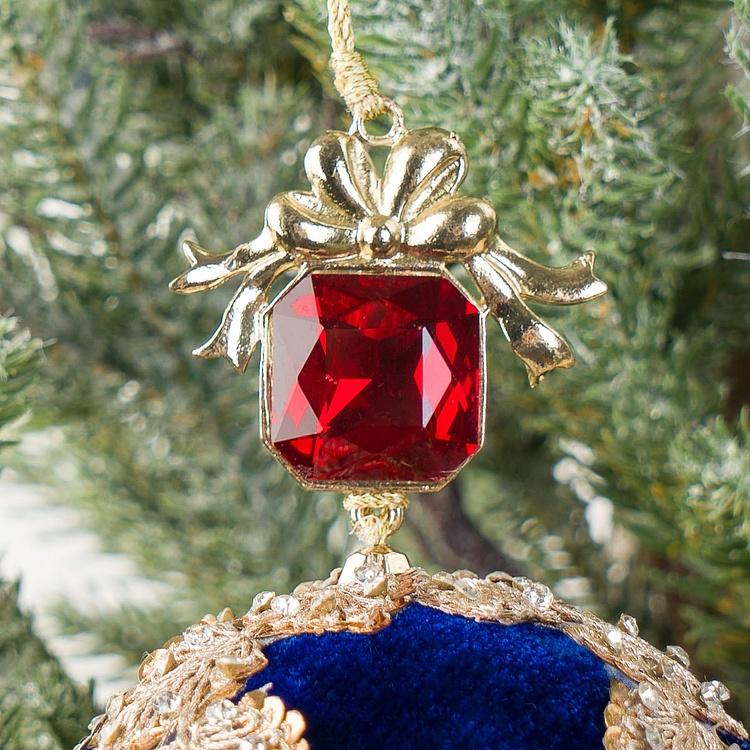 Ёлочная игрушка Синий бархатный шар с золотой аппликацией и бусиной Gold Applique And Bead Velvet Ball Blue 15 cm