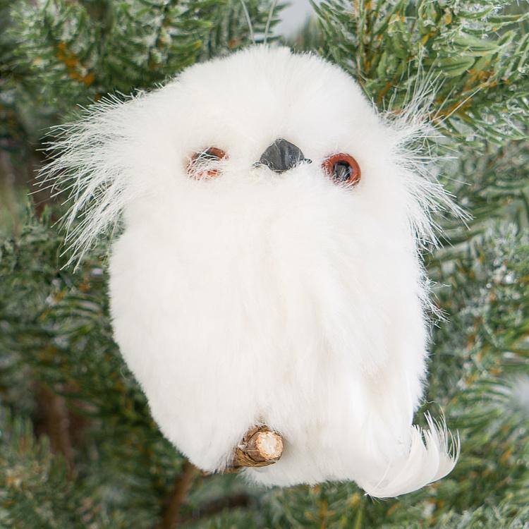 Набор из двух ёлочных игрушек Белые пушистые совы Set Of 2 Furry Owls White 11 cm