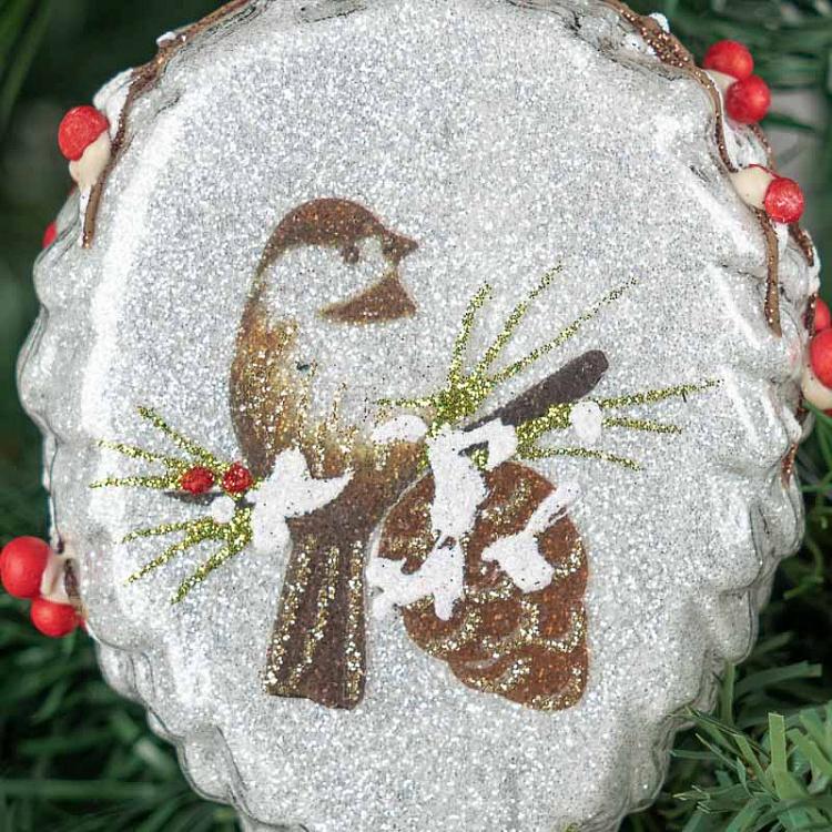 Ёлочная игрушка Белая шишка с птичкой Glass Bird Scene Pinecone White 12 cm
