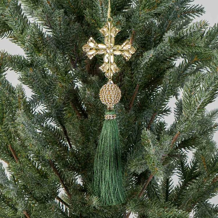 Новогодняя подвеска Рубиновый крест с зелёной кисточкой  Pendant Red Cross With Green Tassel 25 cm