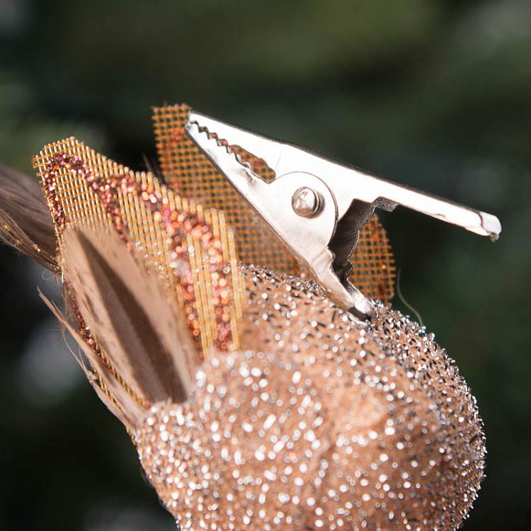 Набор из трёх ёлочных игрушек Блестящие птички на прищепке Set Of 3 Glitter Birds On Clip Pink/Brown 9 cm