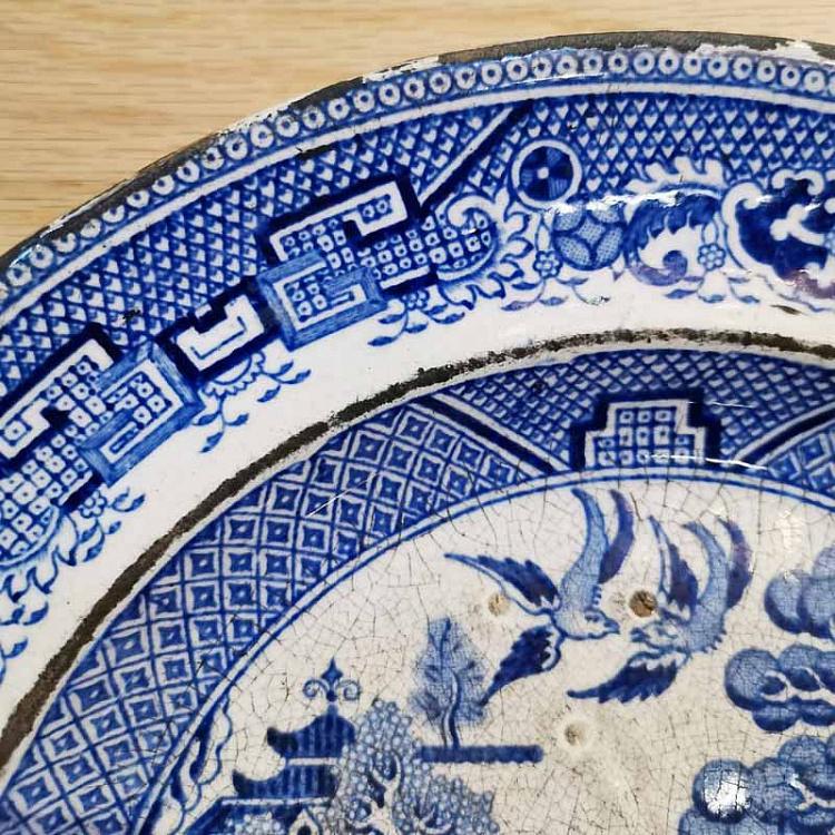 Винтажная тарелка белая с голубым мотивом 24, L Vintage Plate Blue White Large 24