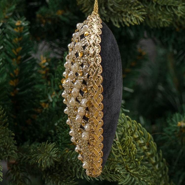 Ёлочная игрушка Чёрно-золотое сердце с жемчужинами Heart With Pearls Black Gold 12 cm
