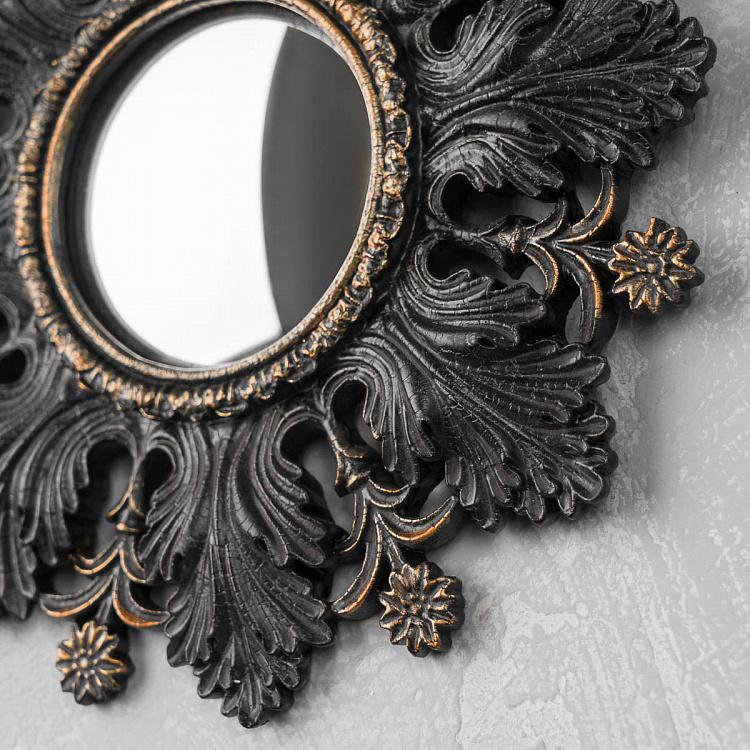 Выпуклое зеркало в раме с чёрными листьями и цветами Black Leaves And Flowers Convex Mirror