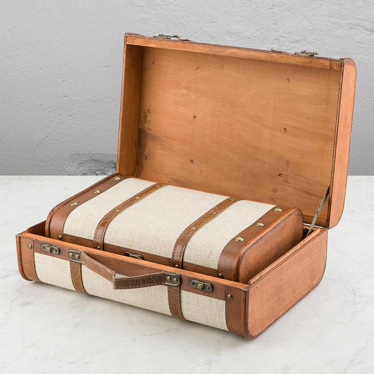 Набор из двух бежевых декоративных чемоданов Set Of 2 Wood Fabric Suitcase Boxes Cream