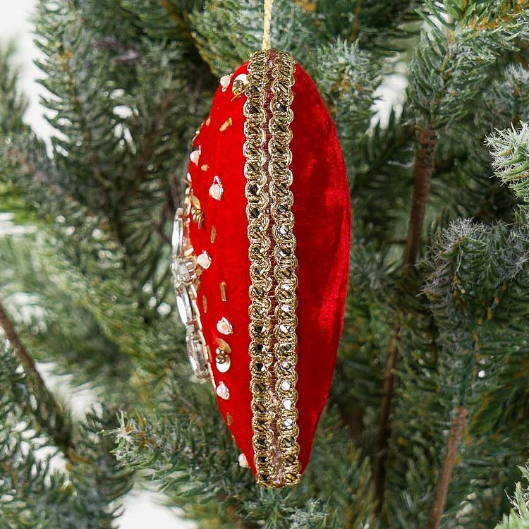 Ёлочная игрушка Красное бархатное сердце со стразами Rhinestone Pattern Velvet Heart Red 12 cm