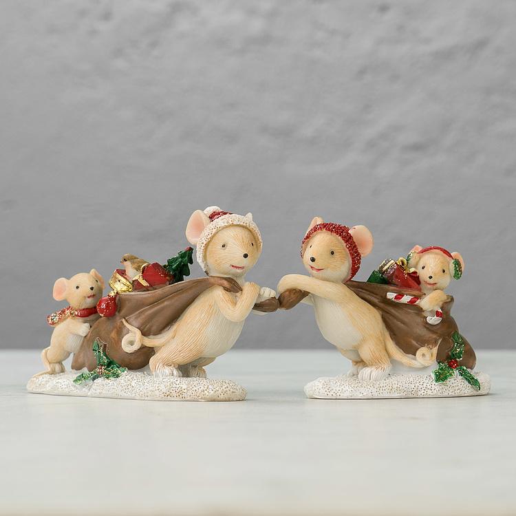 Набор из двух новогодних фигурок Мышки с мешками подарков Set Of 2 Xmas Mice With Gift Bag Brown Red White 12 cm