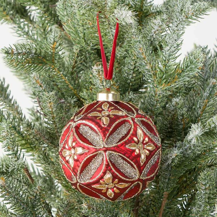 Ёлочная игрушка Красный многогранный шар с золотистыми цветами Golden Flowers Polyhedron Ball Red 10 cm