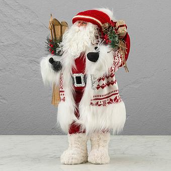 Forest Santa Claus In White Fur Coat With Skis 48 cm