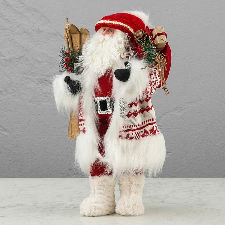 Новогодняя фигурка Лесной Санта в белой шубе и с лыжами Forest Santa Claus In White Fur Coat With Skis 48 cm